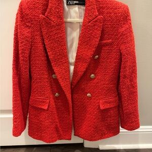 Zara Women's Bold Red Double-Breasted Blazer